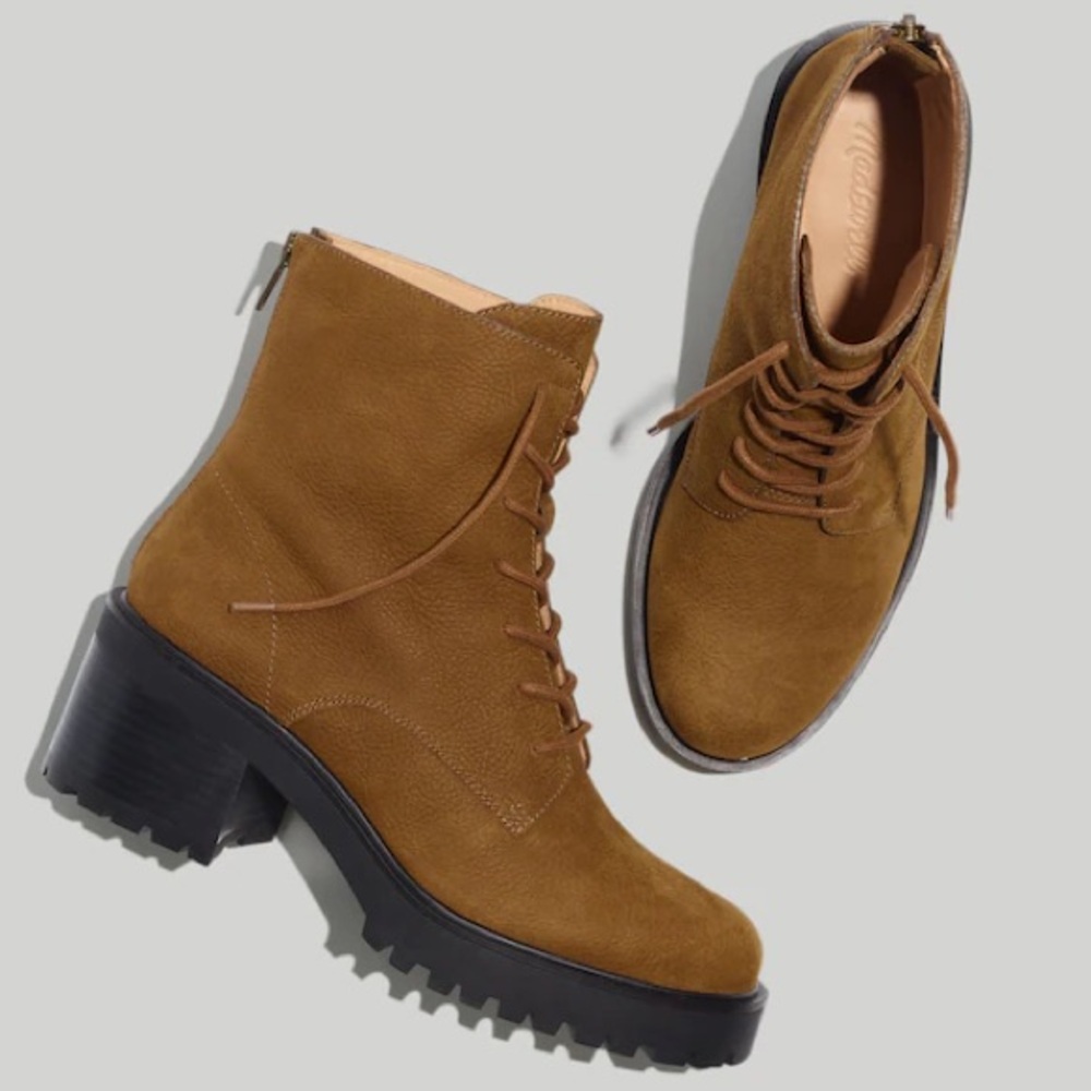 Madewell Bradley Lace Up Lugsole Boot Burled Wood Tan Brown Leather Suede 7